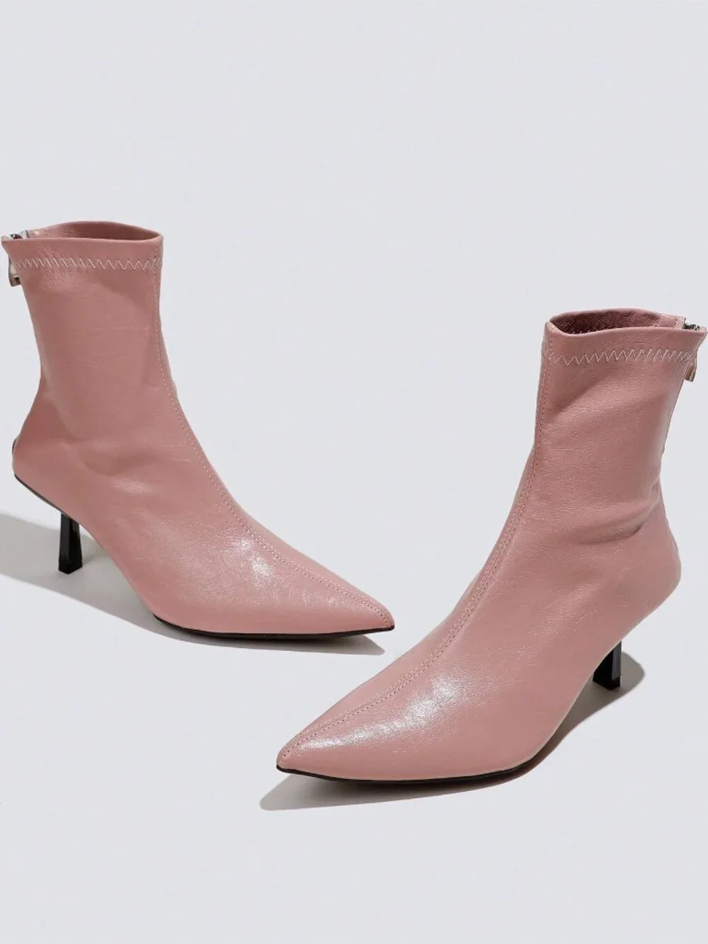 Pink Sexy Women's Pointed Toe Slim Elastic Back Zipper Mid Heel Ankle Boots